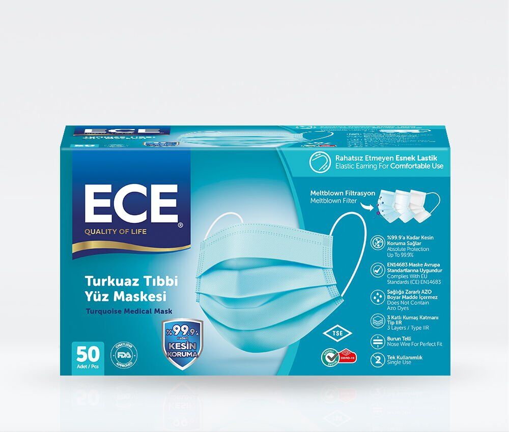 ECE CERRAHİ MASKE TURKUAZ  50Lİ PAKET