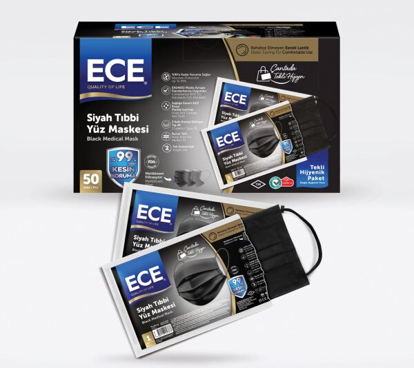 ECE CERRAHİ MASKE SİYAH TEK TEK AMBALAJLI  50Lİ PAKET