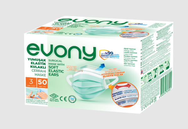 EVONY YENİ NESİL YUMUŞAK KULAKLI CERRAHİ MASKE 50'Lİ YEŞİL