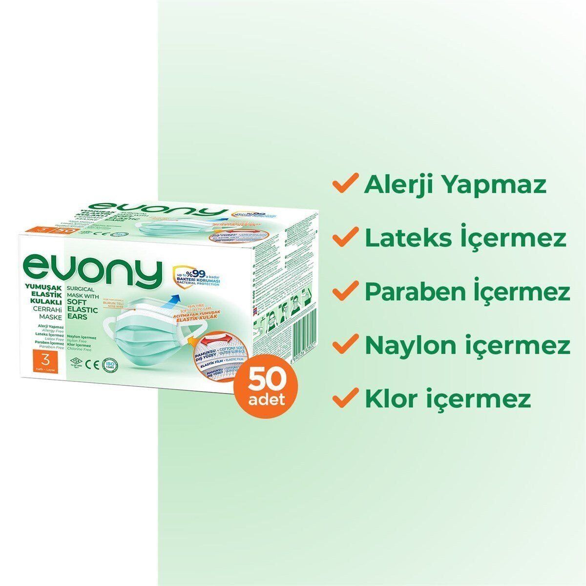 EVONY YENİ NESİL YUMUŞAK KULAKLI CERRAHİ MASKE 50'Lİ YEŞİL
