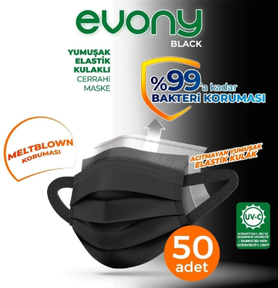 EVONY YENİ NESİL YUMUŞAK KULAKLI CERRAHİ MASKE 50'Lİ SİYAH